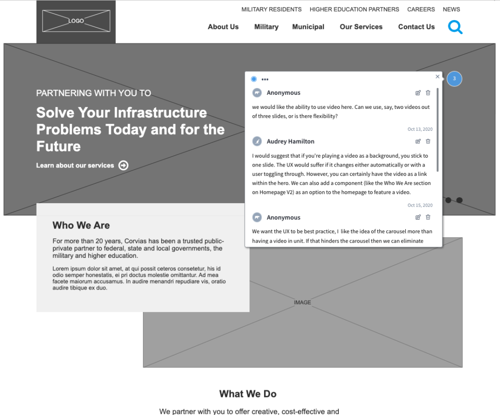Corvias wireframe discussion about the hero